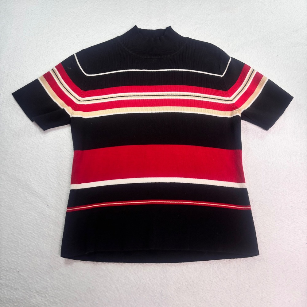 Style & Co Collection Striped Mock Neck Knit Top Red Black Short Sleeve Womens L